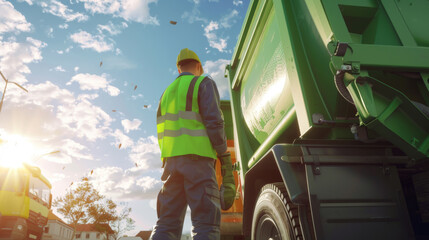 A sanitation worker is operating a garbage truck. - obrazy, fototapety, plakaty