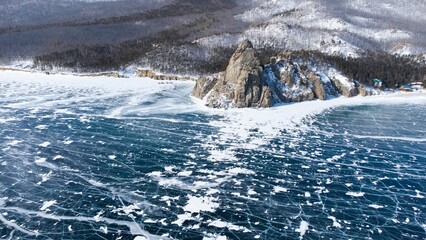 Aerial shot of frozen Lake Baikal in Siberia.