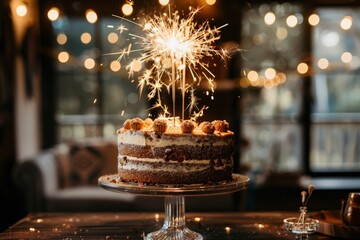 A birthday cake adorned with a sparkler, adding a touch of celebration and excitement to the occasion - obrazy, fototapety, plakaty