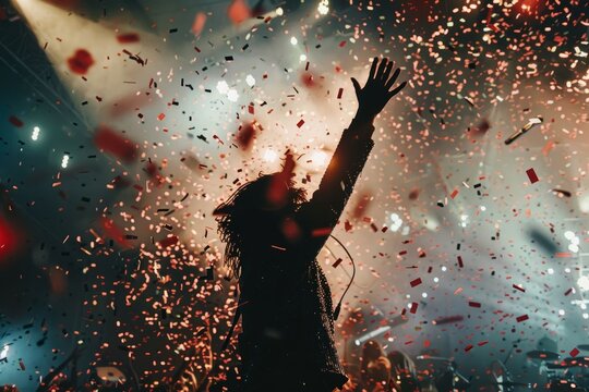 A Man Stands In Front Of A Crowd With His Arms Raised, Throwing Confetti Into The Air On Stage