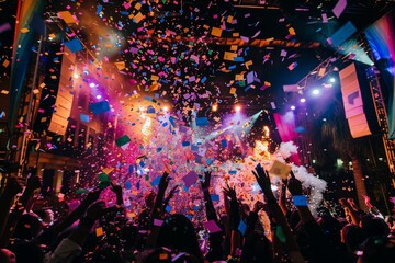A lively crowd at a party, surrounded by falling confetti and streamers, cheering and dancing with excitement as they celebrate