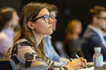 A woman actively participates in a business strategy seminar, sitting at a table with a pen in hand, engaged in note-taking