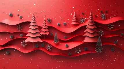 Deurstickers The Merry Christmas lettering with Christmas trees is designed with paper art, origami style, and is framed on a red background. © DZMITRY