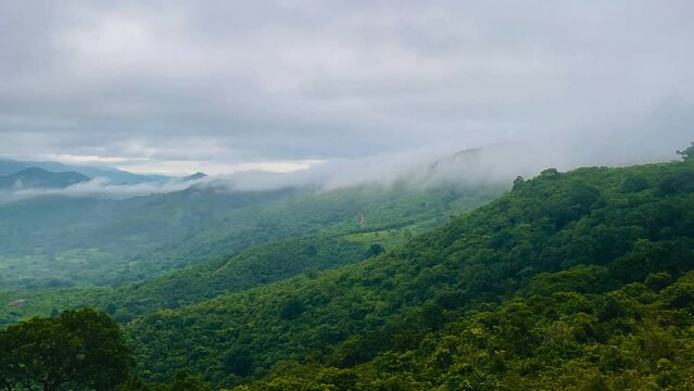 Beautiful view of foggy clouds moving over green landscapes