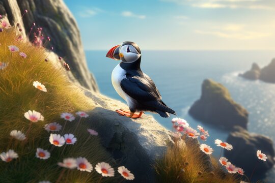 puffin bird,Atlantic puffin on a cliff in the ocean, AI-generated
