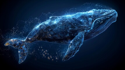 A whale eats Bitcoin. A geometric wireframe light connection structure with a low polygon line and triangles. Modern illustration.