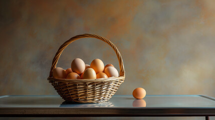Zbliżenie na koszyk jajek na szarym tle - obrazy, fototapety, plakaty