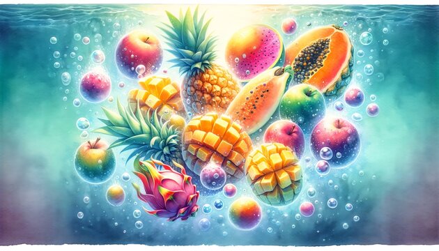 Vivid Watercolor Illustration of an Assortment of Tropical Fruits Floating Underwater