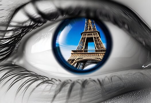 macro photo of a blue eye in which the Eiffel Tower is reflected