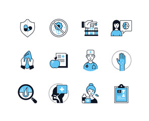 Treatment of patients and drugs - line design style icons set with editable stroke. Pills and painkillers, allergy, doctor and patient, therapy and massage, bacteria, trichology, bone fracture, x-ray - obrazy, fototapety, plakaty