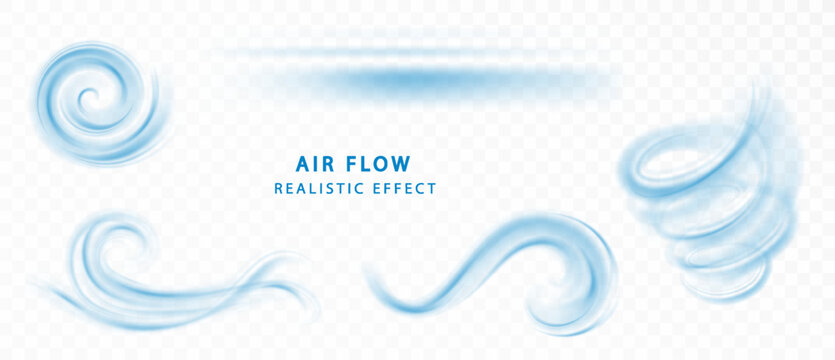 Blue air flow wave effect set. Waves showing a stream of clean fresh air. Isolated vector design element.