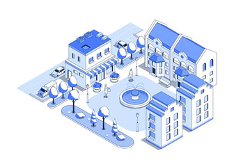 Street with shops and fountain - vector isometric illustration. Lively city center with shopping area and residential buildings. Road with cars and pedestrians. Park trees and urban summer day idea - obrazy, fototapety, plakaty