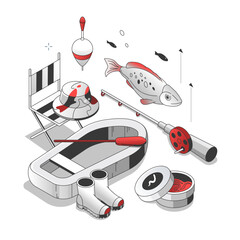 Fishing equipment - isometric red and black line illustration. Hobby, recreation, leisure time, outdoor activity idea. Images of rubber boots, rod, bait, float, boat and puddle, hat, chair composition