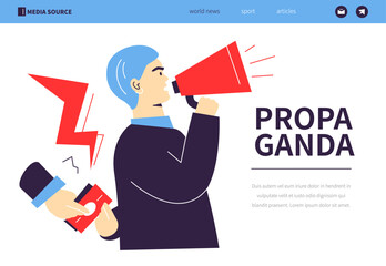 Propaganda and bribery - colorful flat design style banner with linear elements. Composition with man with loudspeaker taking money bribe. Fraud and misinformation. Lying speaker idea