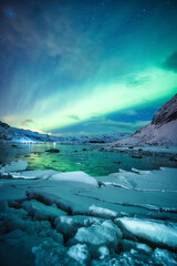 Aurora borealis, Northern lights glowing over snowy mountain on arctic ocean at Lofoten Islands - 773153722