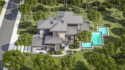 Fototapeta na wymiar 3d rendering of modern two story house with gray and wood accents, large windows, parking space in the right side of the building, surrounded by trees and bushes, green grass on lawn, daylight