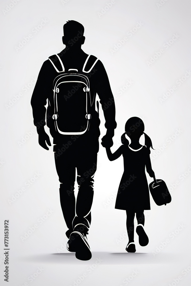 Poster silhouette of father and daughter with backpacks. vector illustration.