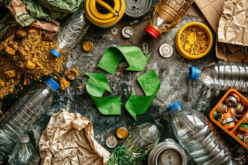 Overhead view of recyclable materials and green recycle symbol for earth day awareness