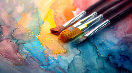 Fototapeta premium Paint brushes on a colorful abstract background. Close-up.