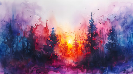 Fototapeta premium Abstract watercolor background with forest and sunset. Digital art painting.