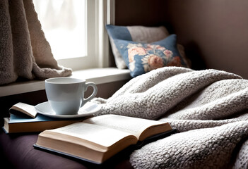 coffee and books on a bed in front of a window