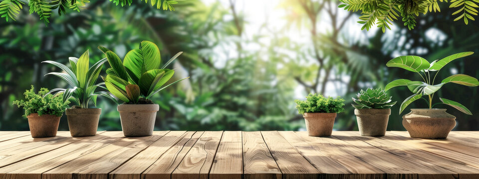 A wooden table with several potted plants on it