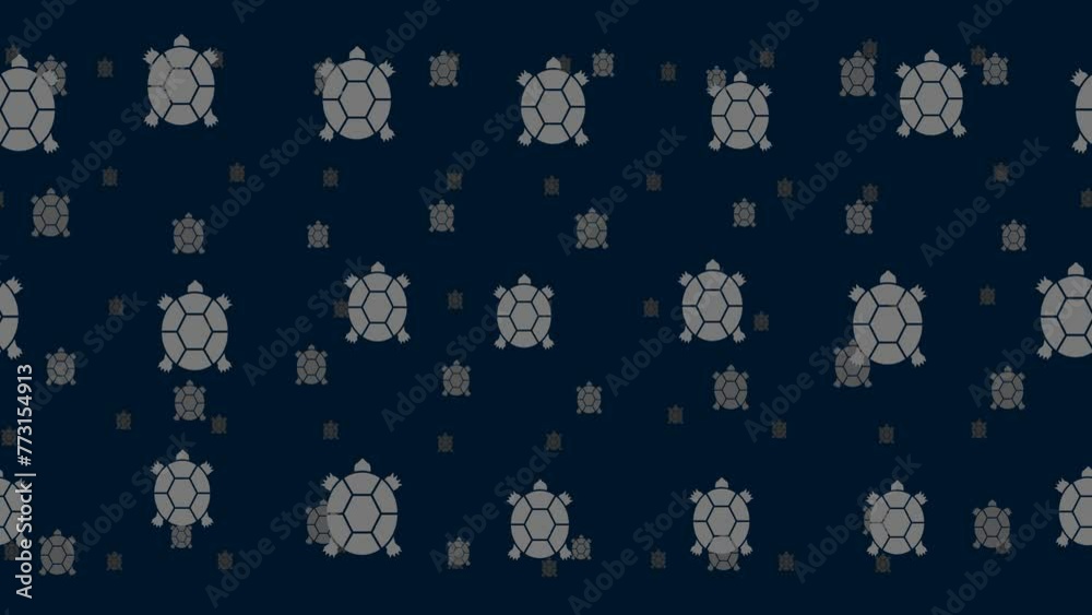 Poster turtle symbols float horizontally from left to right. parallax fly effect. floating symbols are loca