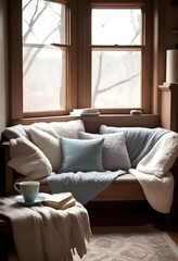 Fototapeta premium a cozy living room with a window seat and a coffee table