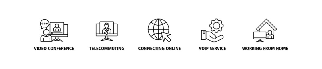 Remote working banner web icon vector illustration concept for working at home with icon of video conference, telecommuting, connecting online, voip, and working from home