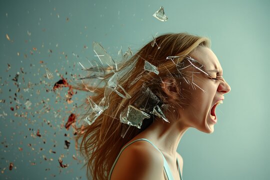 A woman in profile whose scream makes the glass shatter around her on a light blue background.