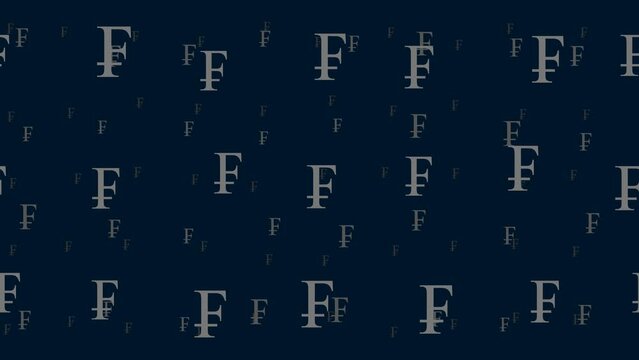 Franc symbols float horizontally from left to right. Parallax fly effect. Floating symbols are located randomly. Seamless looped 4k animation on dark blue background