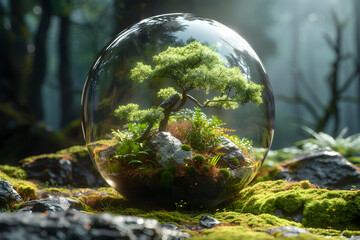 A sustainable ecosystem in a glass ball, promoting sustainability and self-sustaining practices. - obrazy, fototapety, plakaty