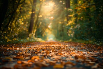 Autumn Pathway with Golden Leaves, Nature Background - obrazy, fototapety, plakaty