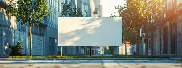 A large white billboard sits in the middle of a city street, surrounded by trees