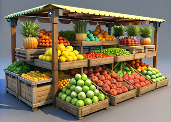 Street Market Stand: Wooden Crates Holding Fresh Ripe Fruits, Yellow Apples, Pears, Bananas, Oranges, Tangerines, Melons, Pomegranates, Green Plants. Front View. 