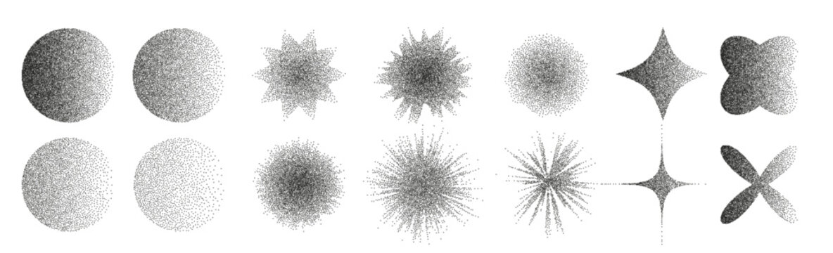 Absrac shaped dotted objects, vintage stipple elements. Fading gradient. Stippling, dotwork drawing, shading using dots. Halftone disintegration effect. White noise grainy texture. Vector illustration