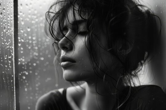 Contemplative Woman by Rainy Window, Black and White Portrait