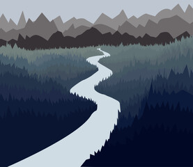 Vector image of mountains and coniferous forest at the foot. A river coming down from the mountains.