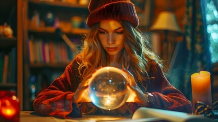 Mystical  witch while gazing into a crystal ball to see fortunes.  - obrazy, fototapety, plakaty