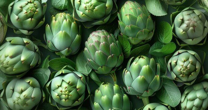 Artichokes top shot close up pattern texture background for design, healthy colorful fresh natural and organic, dezoom rotation
