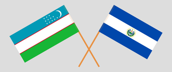 Crossed flags of Uzbekistan and El Salvador. Official colors. Correct proportion