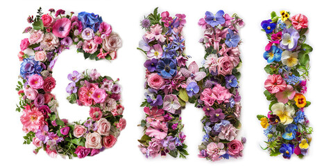Flower font alphabet G, H, I made of colorful floral letters on white background