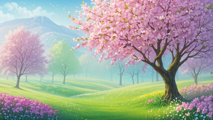 Obraz na płótnie Canvas Warm and bright spring background, pink cherry blossom trees, and colorful pretty flowers. Generative AI.