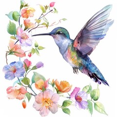 Watercolor clipart of a hummingbird near blooming flowers a fleeting summer moment
