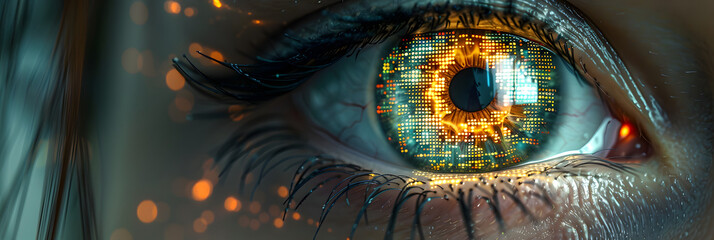 Macro shot of a human eye with digital binary ,
A close up of an eye with water droplets on it
