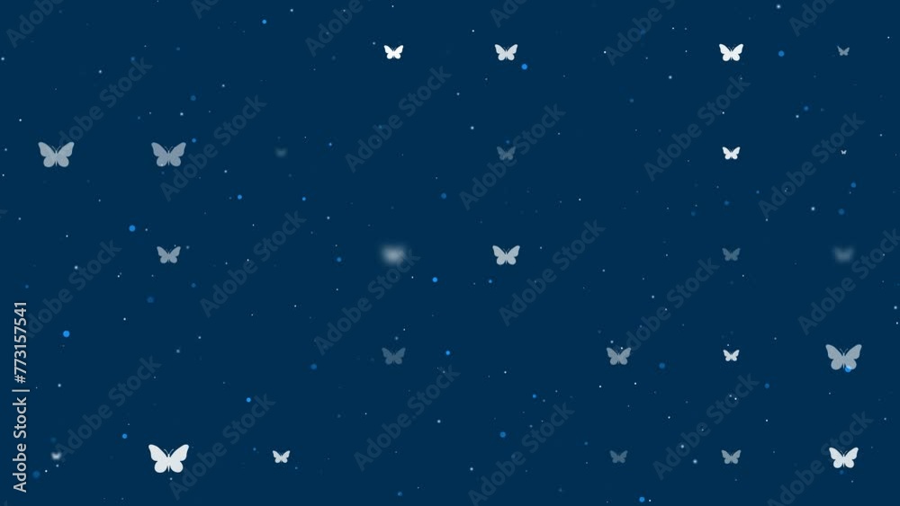 Poster template animation of evenly spaced butterfly symbols of different sizes and opacity. animation of t