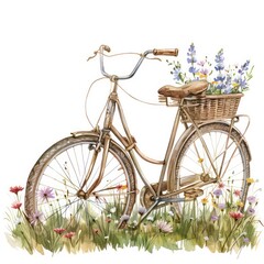 Watercolor clipart of a bicycle with a basket of wildflowers summer adventures