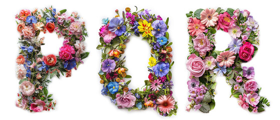 Flower font alphabet P, Q, R made of colorful floral letters on white background