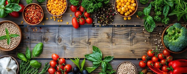 Spices, vegetables and grains are arranged on a wooden table. Top view, flat lay with copy space. - obrazy, fototapety, plakaty