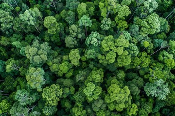 A high-angle aerial view showcasing the dense green forest canopy being inspected by drones for health assessments - obrazy, fototapety, plakaty